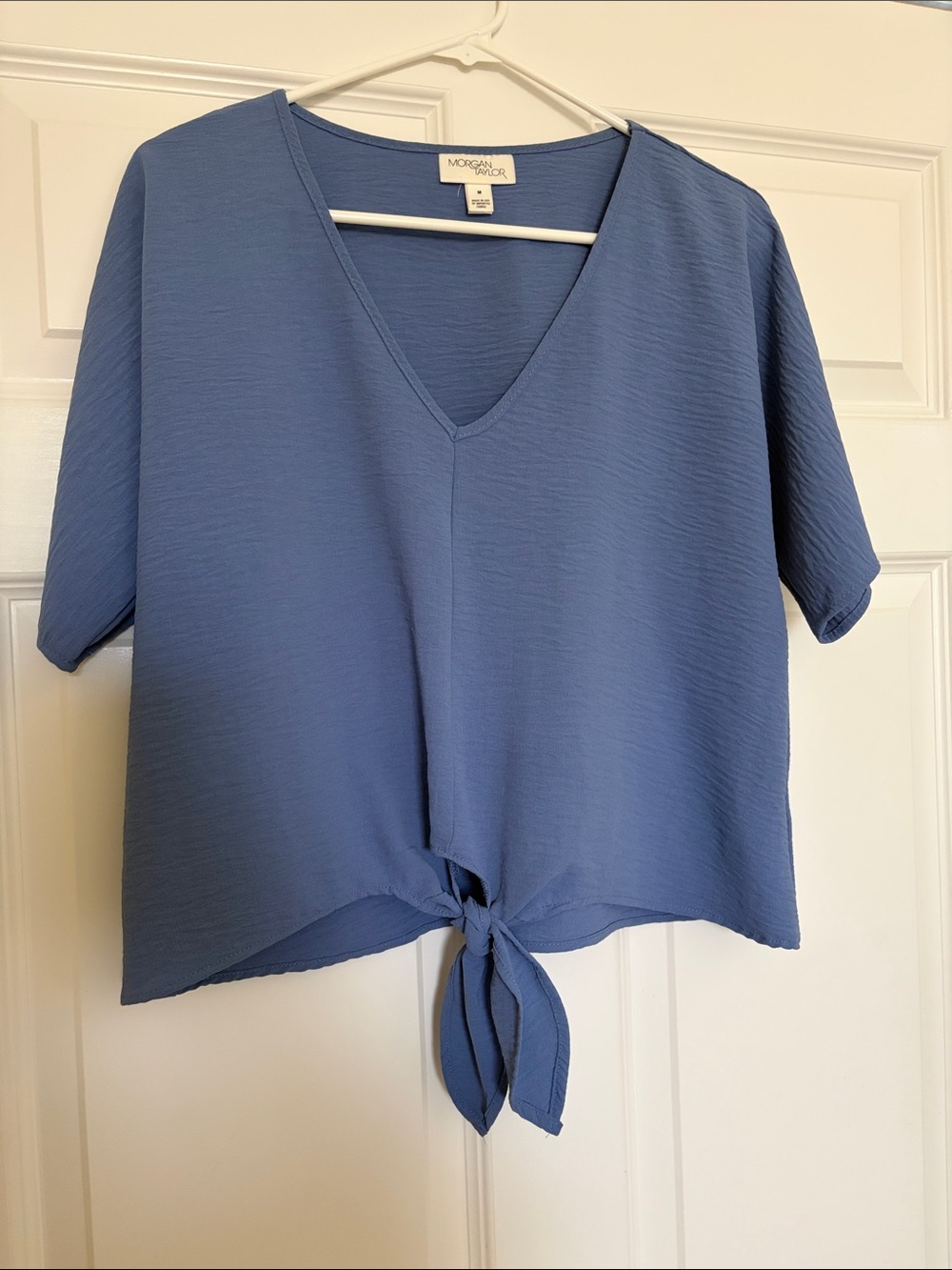 Morgan Taylor Dusty Blue Tie-Front V-Neck Blouse